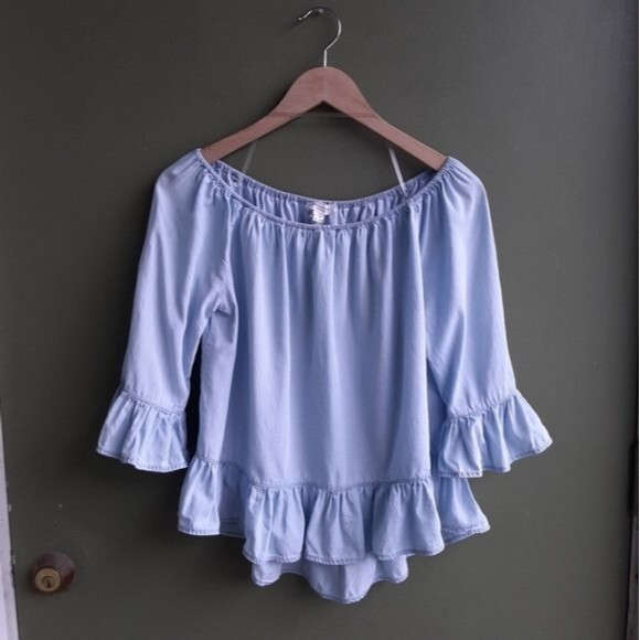 Beach lunch lounge Ruffles Top Washed Blue Lyocell Peplum Blouse Size S - Picture 3 of 11